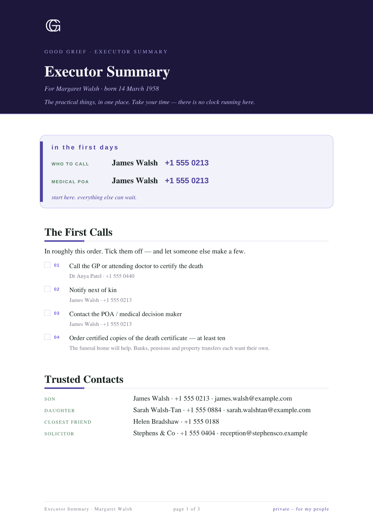 A page from the executor summary PDF — the 'in the first days' card and contacts