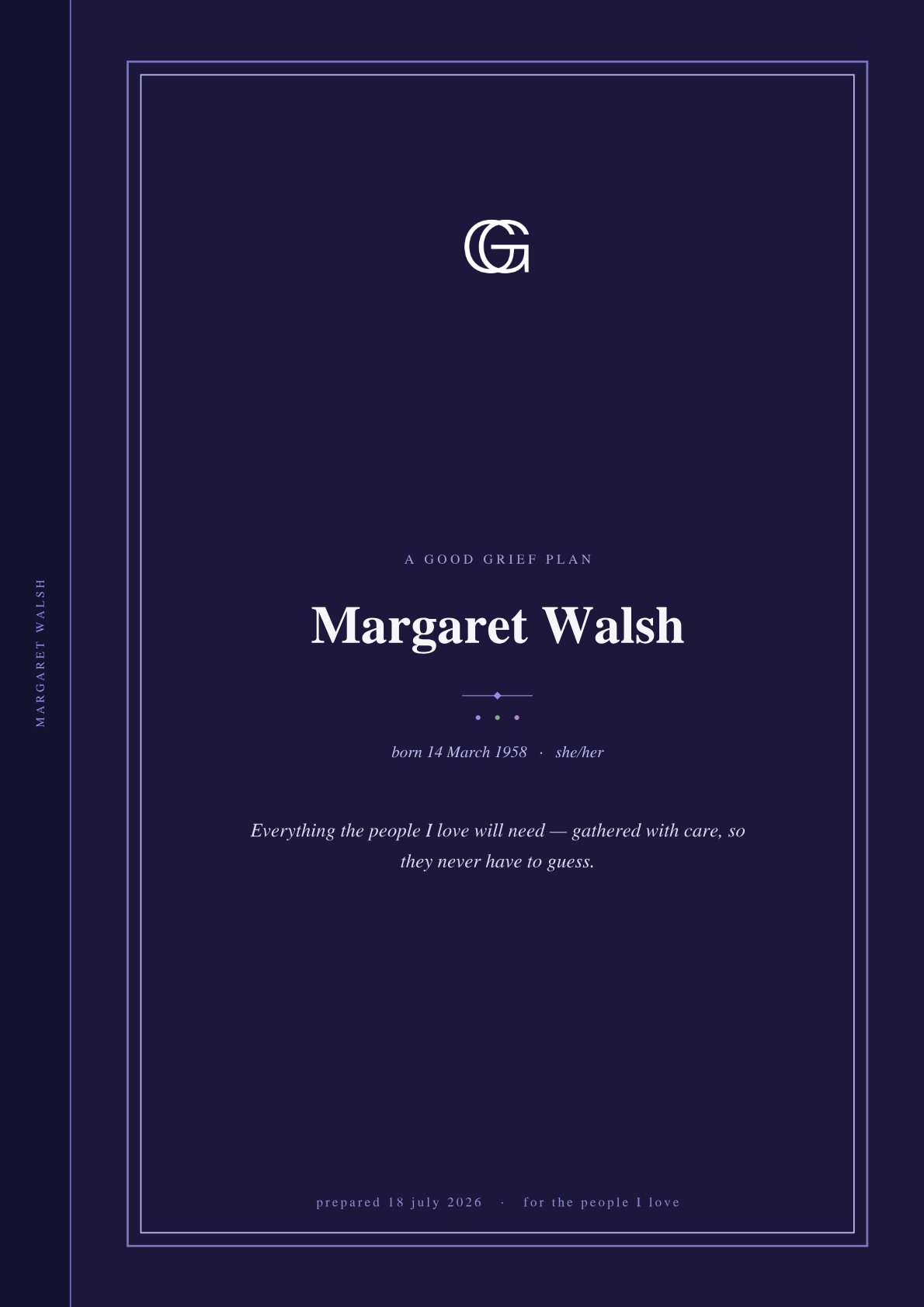 A page from the full-plan PDF — the life-story timeline, rendered as a keepsake