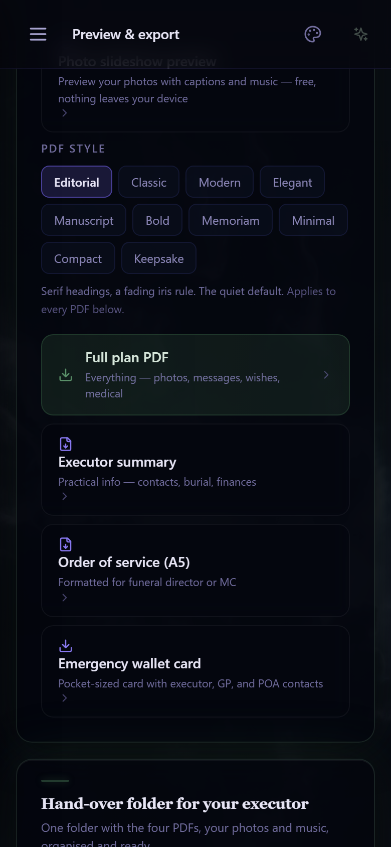 The in-app export screen — a PDF style picker (Editorial, Memoriam, Manuscript and more) above the full plan, executor summary, order of service and wallet card exports