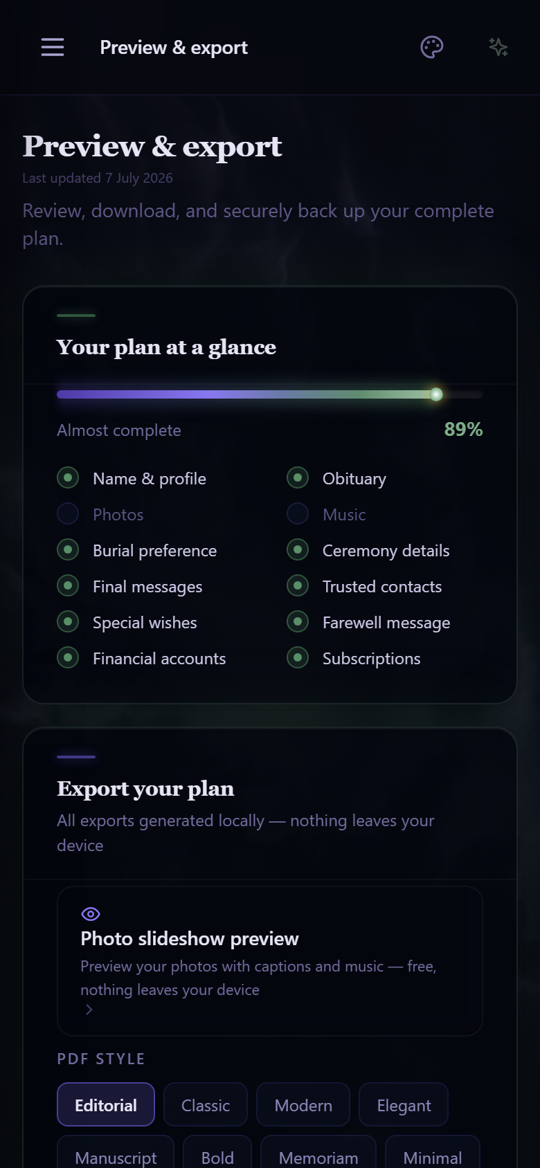 Preview and export on a phone — your plan at a glance and the PDF style picker