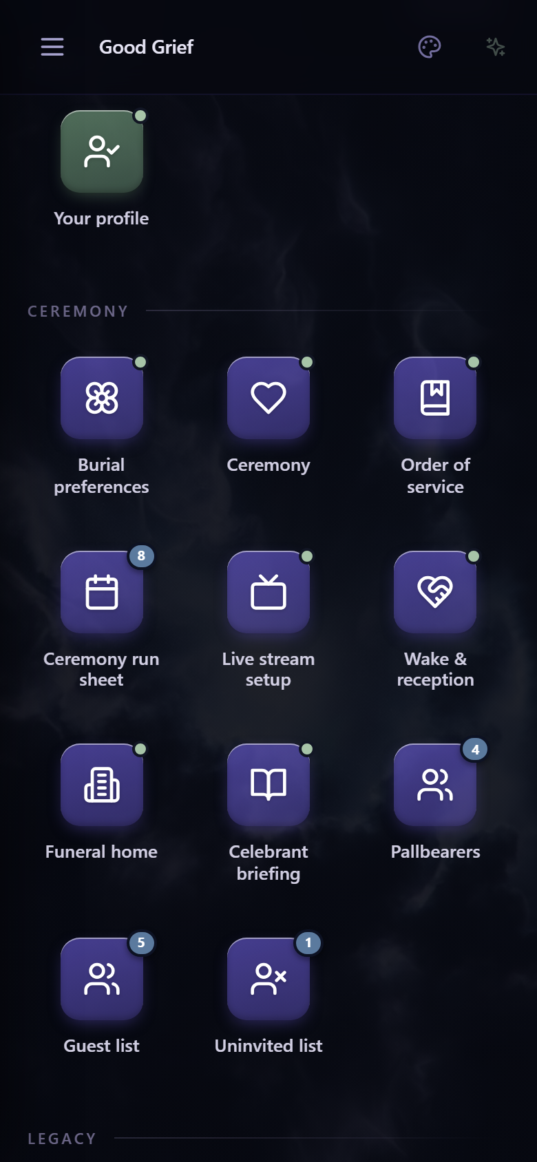 The Good Grief home screen — a grid of iOS-style section buttons (Your profile, Burial preferences, Ceremony, Order of service, Pallbearers, Guest list…) grouped by chapter