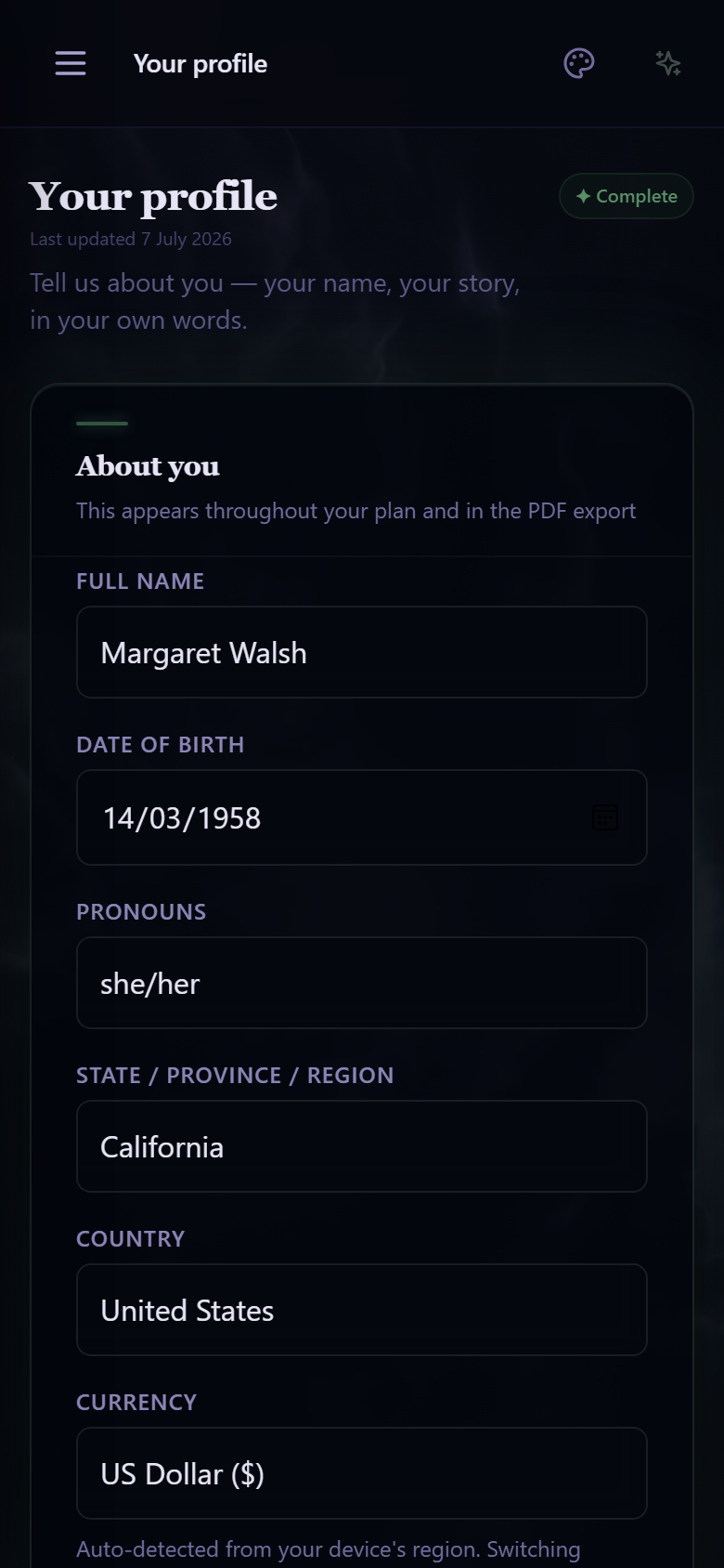Your profile on a phone — name, date of birth, pronouns, region, and an obituary in your own words